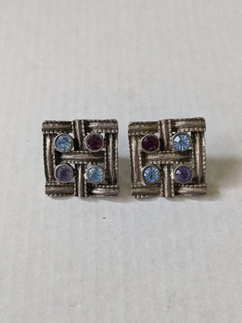 Silvertone Metal Geometric Rhinestone Square Pierced Pewter Earrings